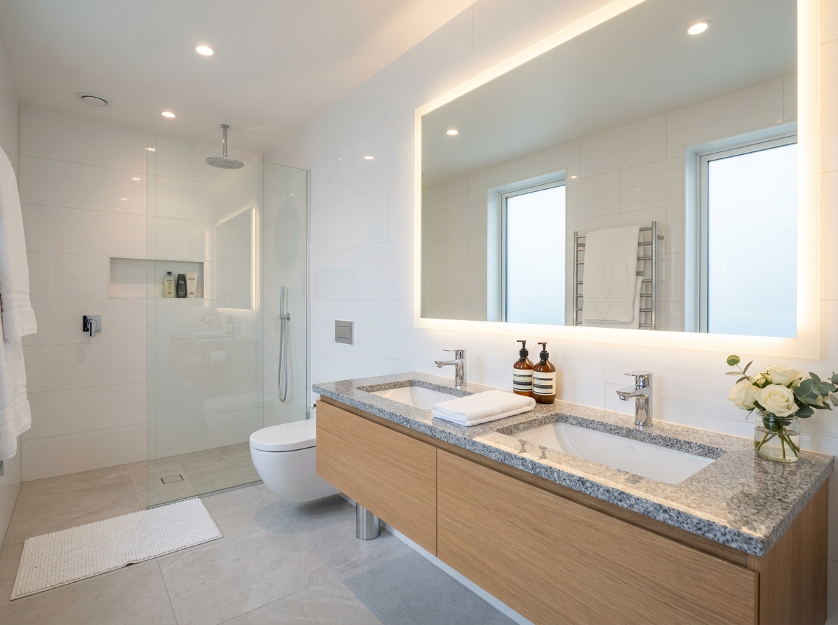 Ensuite Modern Restroom with Granite Vanity