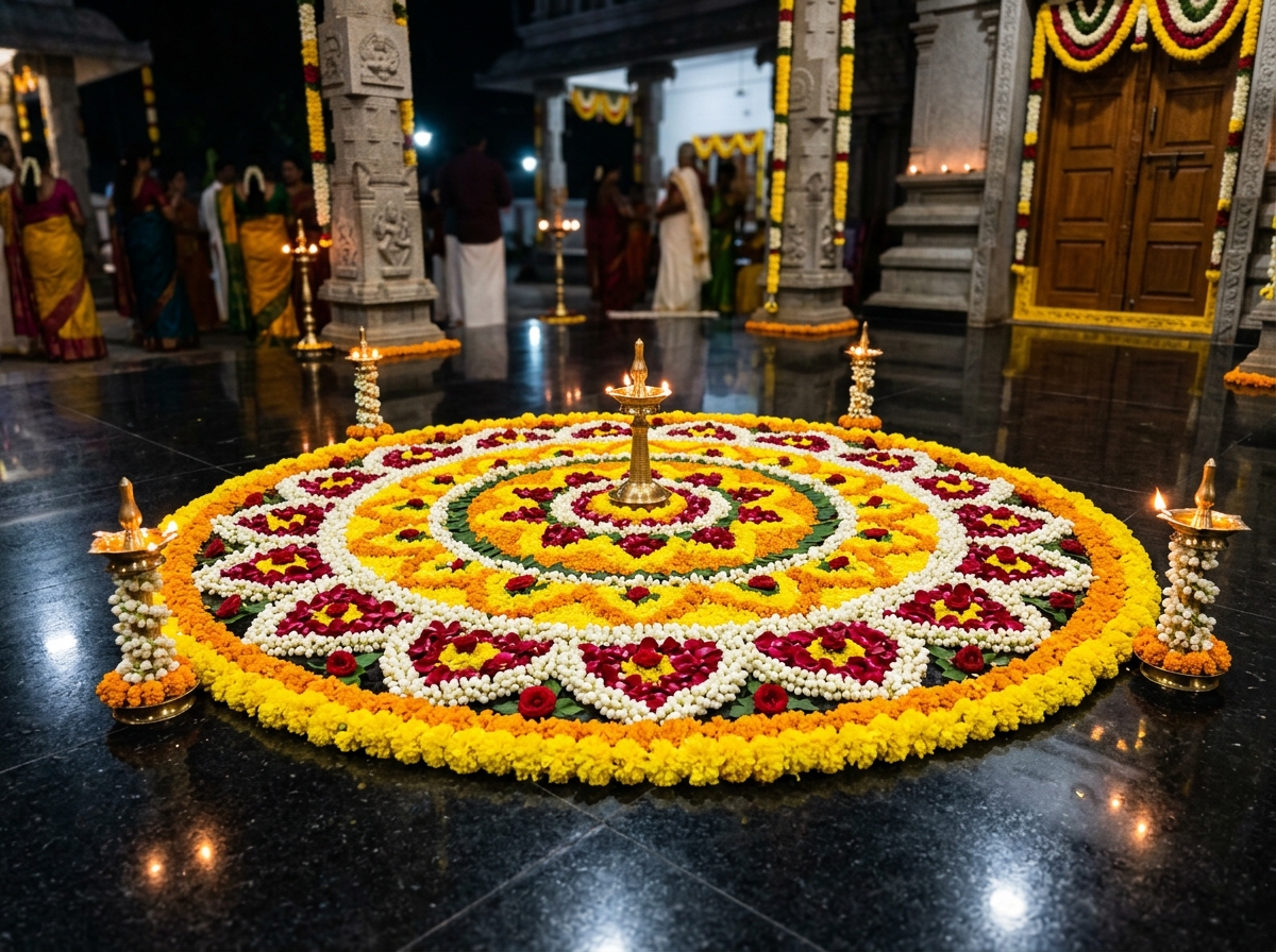 Traditional South Indian Floral Rangoli on Granite
