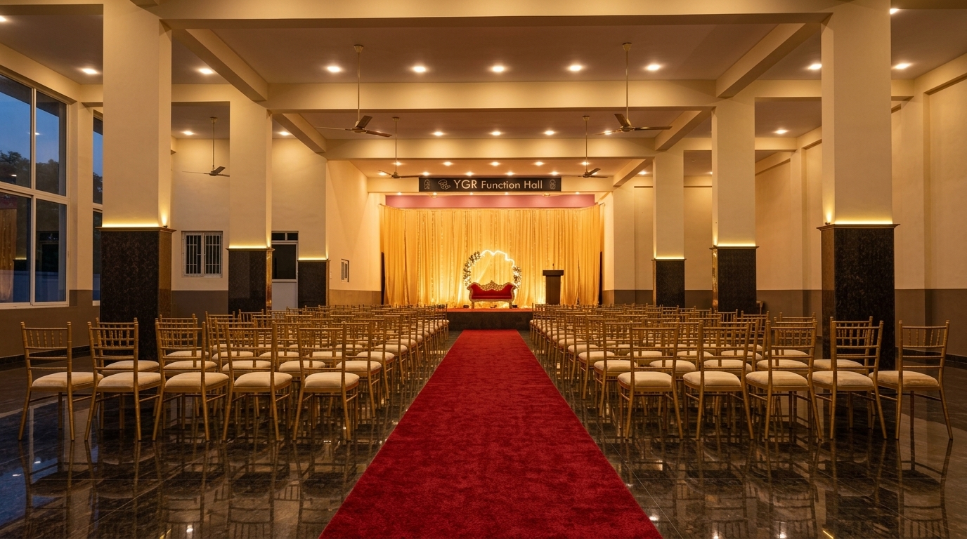 YGR Function Hall Coimbatore 17 ft ceiling and granite finish