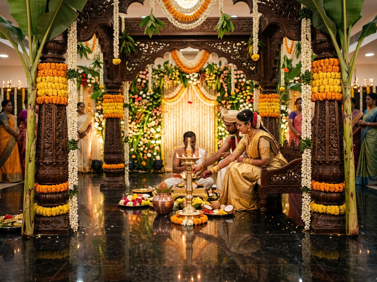 Traditional floral wedding stage and mandap